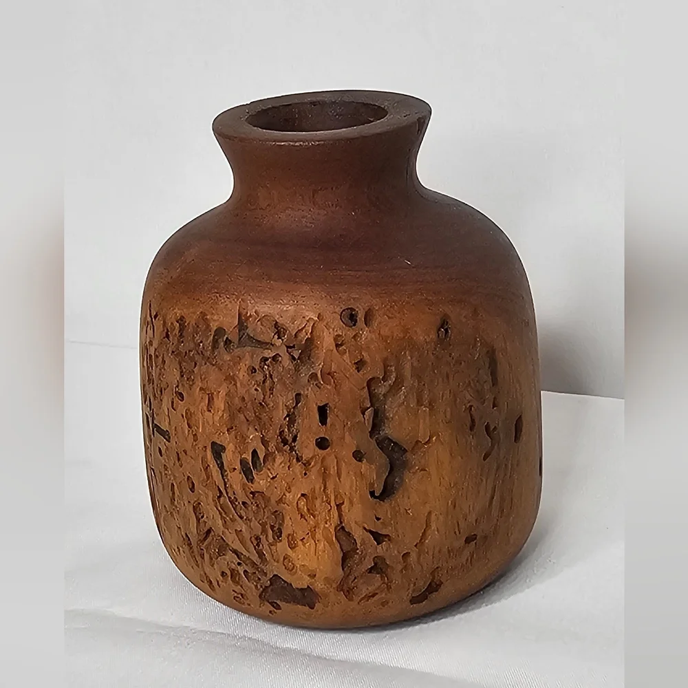 Artisan Carved Burl Wood Bud Vase Vintage Rustic Decor Natural Wood Grain Textur